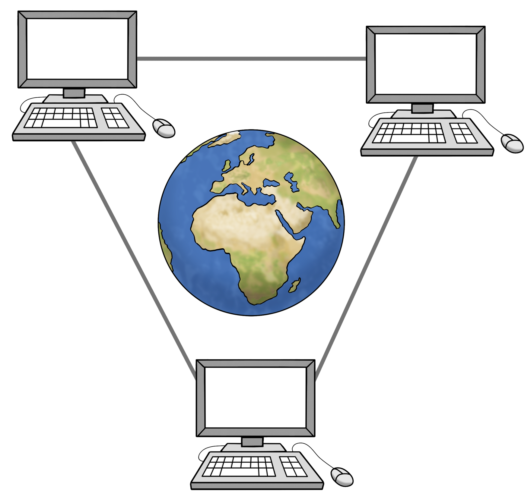 Grafik: Abbildung einer Weltkugel. Drum herum sind 3 Computer platziert, die durch dünne Linien verbunden sind.