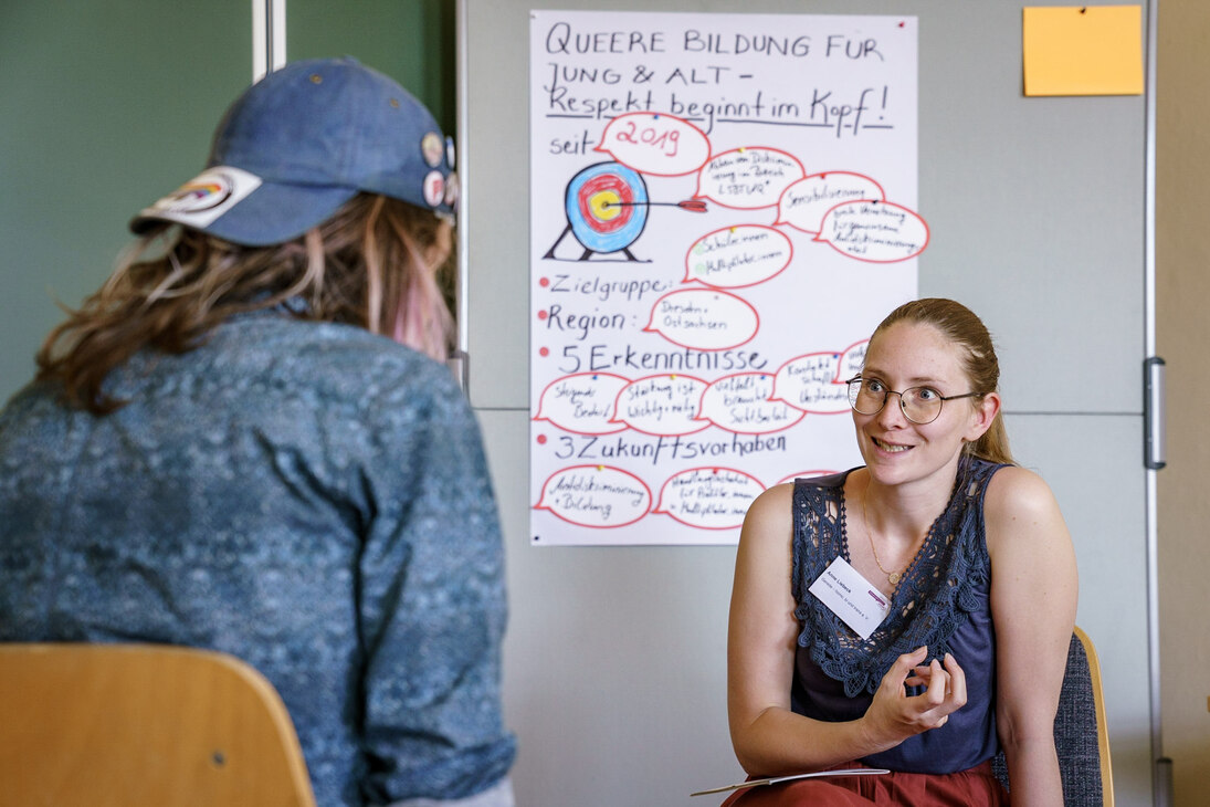 Eine junge Frau im Gespräch während des Workshops »Queere Bildung für Jung und Alt«, zu sehen am Plakat im Hintergrund.