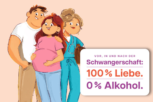 Eine schwangere Frau steht zwischen zwischen einem Mann und einer Hebamme. Rechts steht ein Schild mit der Aufschrift: »Vor, in und nach der Schwangerschaft: 100 % Liebe. 0 % Alkohol.«