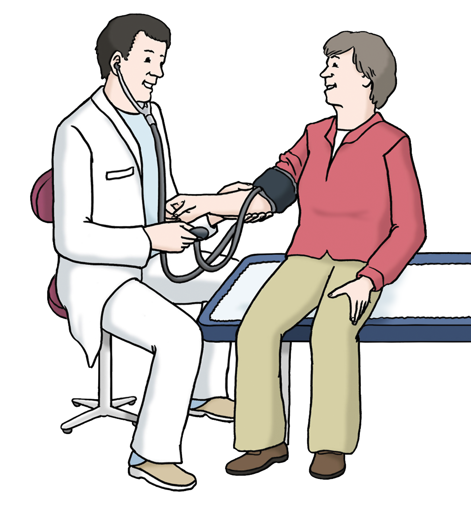 Grafik: Ein Arzt behandelt seine Patientin, die auf einer Liege sitzt