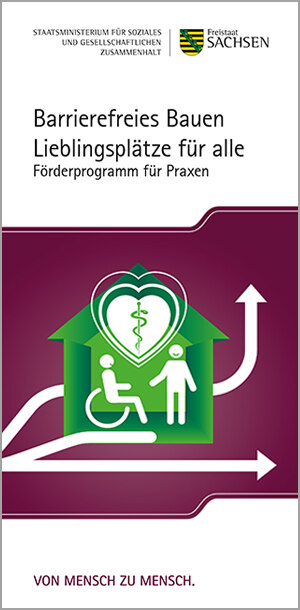 Titelbild des Flyers. Zu sehen ist eine Grafik mit einem Haus. Darin befinden sich 2 Menschen, einer sitzt im Rollstuhl. Zu dem Haus fürhen 3 Pfeile und über dem Haus ist ein Herz mit einen Asklepsiosstab.