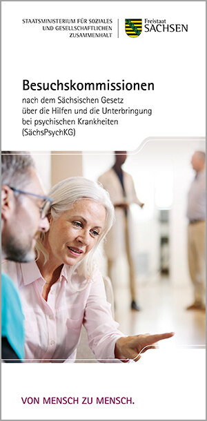 Titelbild des Flyers. Darauf zu sehen ist ein Mann und eine Frau in einem Krankenhaus. Die Frau erklärt dem Mann etwas.