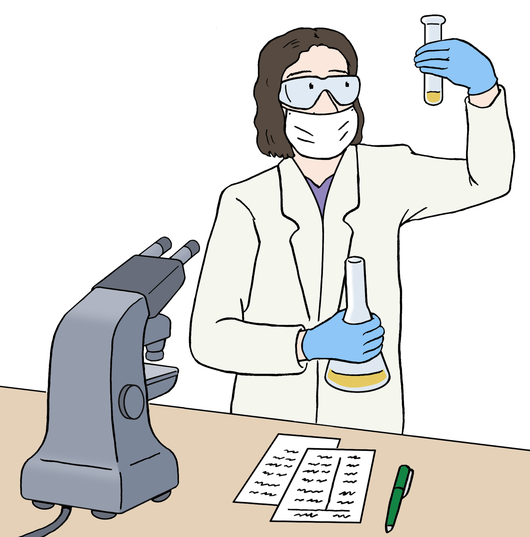 Grafik: Frau steht in einem Labor. Sie trägt Mundschutz und Kittel. neben ihr steht ein Mikroskop. Sie hält Reagenzgläser in der Hand