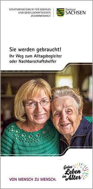 Das Bild zeigt die Titelseite der Broschüre. Das Motiv zeigt zwei ältere Frauen, die in einer Wohnung sitzen