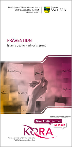 Titelbild des Flyers. Darauf zu sehen ist eine Hand, die nach Notizzetteln greift, auf denen Worte wie Dialog, Hilfe oder Sensibilisierung stehen.