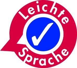 Symbol: Rot Sprechblase, in der am Rand die Worte »Leichte Sprache« geschrieben sind. Darin ist ein blauer Kreis mit einem weißen Häkchen