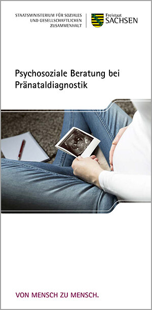 Titelbild des Flyers. Zu sehen ist eine schwanger Frau, die ein Ultraschallbild in der Hand hält.