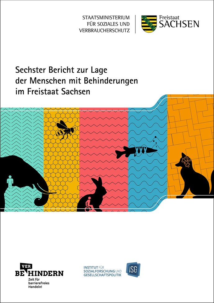 Titelseite des Berichtes zur Lage der Menschen mit Behinderungen mit einer Collage von Motiven der Kampagne "Behindern verhindern" 