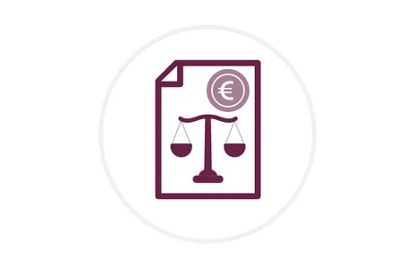 Icon: stilisiertes Blatt Papier mit Wage und Euro-Zeichen darüber in dunklem Rot, Symbol für Bilanz