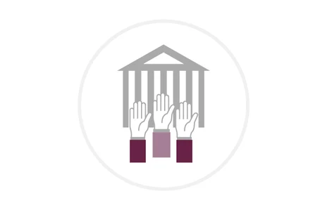Icon: stilisierte Darstellung eines Gebäudes mit Säulen und drei erhobenen Händen davor. Symbol für Demokratie