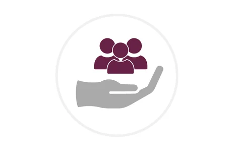 Icon: stilisierte Darstellung von drei Personen-Silhouetten, die über einer helfenden Hand schweben. Symbol für Ehrenamt, bürgerschaftliches Engagement und soziale Unterstützung