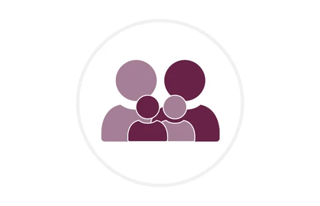 Icon: stilisierte Darstellung einer Familie, bestehend aus zwei Erwachsenen und zwei Kindern. Symbol für Familie, Elternschaft und soziale Gemeinschaft