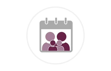 Icon: stilisierte Darstellung eines Kalenderblatts, in dessen Zentrum vier Personen-Silhouetten als Familie abgebildet sind. Symbol für den Familientag und die Terminplanung von Familienereignissen