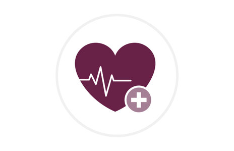 Icon: stilisierte Darstellung eines dunkelroten Herzes, mit einer schlagenden Linie darin. Symbol für Gesundheit