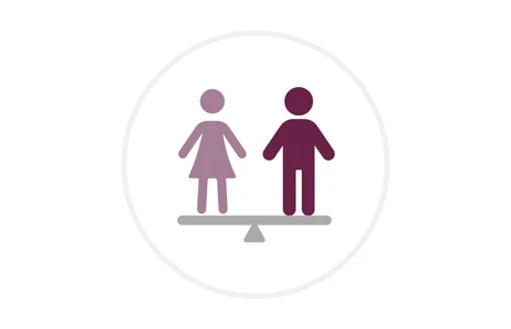 Icon: stilisierte Darstellung einer weiblichen und einer männlichen Figur auf einer balancierenden Waage. Symbol für Gleichstellung und Geschlechtergerechtigkeit