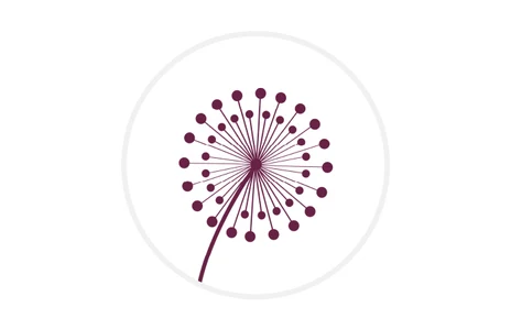 Icon: stilisierte Darstellung einer dunkelroten Pusteblume. Symbol für die Trophäe des Gründerinnenpreises