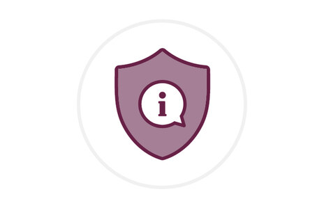 Icon: stilisiertes Wappen mit einem „i“ in einer kreisrunden Sprechblase in dunklem Rot, Symbol für Hinweisgeberschutzgesetz