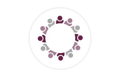 Icon: stilisierte Darstellung von mehreren verschiedenfarbigen Personen-Silhouetten, die in einem geschlossenen Kreis angeordnet sind. Symbol für Integration und Gemeinschaft
