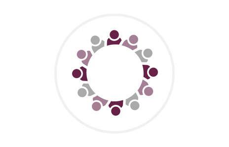 Icon: stilisierte Darstellung von mehreren verschiedenfarbigen Personen-Silhouetten, die in einem geschlossenen Kreis angeordnet sind. Symbol für Integration und Gemeinschaft