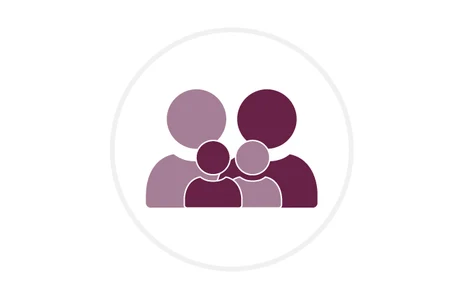 Icon: stilisierte Darstellung einer Familie, bestehend aus zwei Erwachsenen und zwei Kindern. Symbol für Familie, Elternschaft und soziale Gemeinschaft