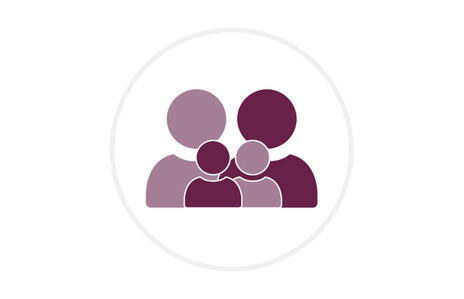 Icon: stilisierte Darstellung einer Familie, bestehend aus zwei Erwachsenen und zwei Kindern. Symbol für Familie, Elternschaft und soziale Gemeinschaft