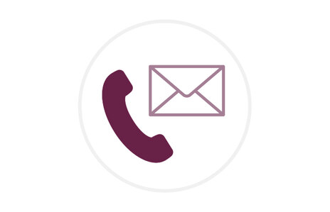 Icon: stilisiertes Telefon und Briefumschlag in dunklem Rot, Symbol für Kontakte