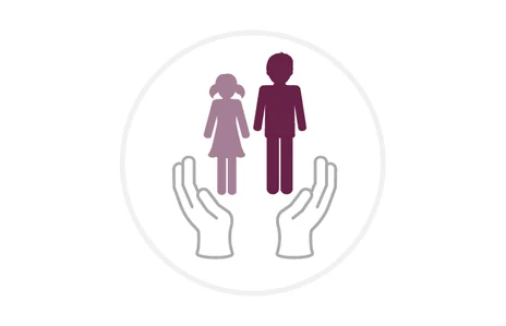 Icon: stilisierte Darstellung von zwei Kinder-Silhouetten, die von zwei schützenden Händen umrahmt werden. Symbol für das Landesjugendamt, Kinder- und Jugendhilfe sowie Kinderschutz