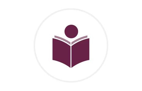 Icon: stilisierte Person hinter aufgeklapptem Buch in dunklem Rot, Symbol für Leichte Sprache