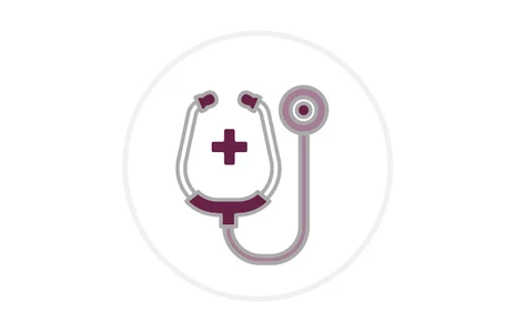 Icon: stilisierte Darstellung von einem Stethoskop und einem medizinischen Kreuz. Symbol für Medizin und Gesundheit