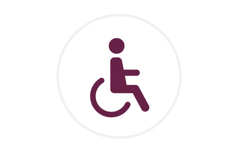 Icon: stilisierte Darstellung einer Person in einem Rollstuhl. Symbol für Barrierefreiheit, Inklusion und die Belange von Menschen mit Behinderungen