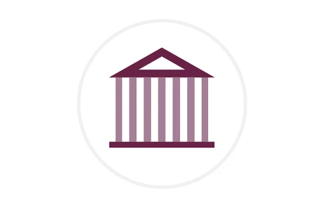 Icon: stilisierte Darstellung eines Gebäudes mit Säulen und Giebel, ähnlich einem antiken Tempel oder Regierungsgebäude . Symbol für Institutionen, Behörden oder staatliche Einrichtungen