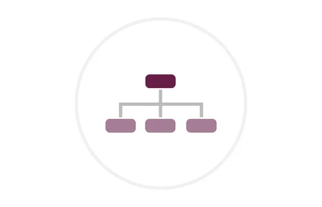 Icon: stilisierte Darstellung eines Organigramms mit einer dunkelvioletten Box oben, die sich nach unten in drei hellviolette Boxen verzweigt.