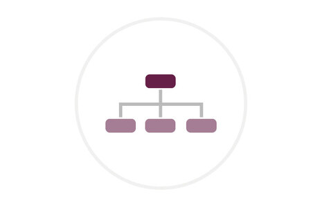 Icon: stilisierte Darstellung eines Organigramms mit einer dunkelvioletten Box oben, die sich nach unten in drei hellviolette Boxen verzweigt.