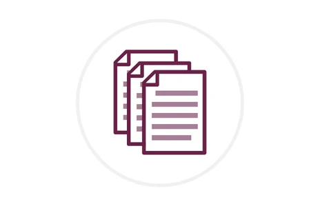 Icon: drei stilisierte beschriebene Blätter Papier in dunklem Rot, Symbol für Publikationen