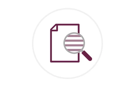 Icon: stilisiertes leeres Blatt Papier mit dunkelroter Umrandung, davor eine Lupe, Symbol für Transparenzgesetz