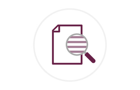 Icon: stilisiertes leeres Blatt Papier mit dunkelroter Umrandung, davor eine Lupe, Symbol für Transparenzgesetz