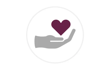 icon: stilisierte Hand, die ein dunkelrotes Herz hält. Symbol für Soziales