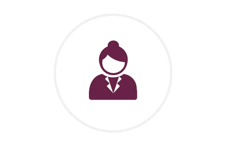 Icon: stilisierte weibliche Person in dunklem Rot mit nach hinten gebundenen Haaren, Symbol für Staatssekretärin