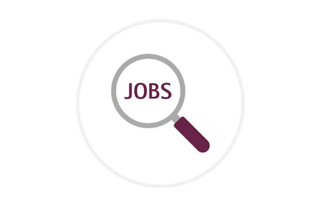 Icon: stilisierte Lupe in Grau mit dunkelrotem Griff, in der Mitte das Wort „JOBS“, Symbol für Stellenausschreibungen