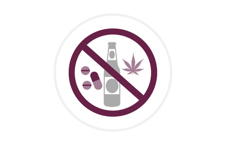 Icon: stilisierte Darstellung einer Flasche, Tabletten und eines Cannabisblattes hinter einem Verbotszeichen. Symbol für Suchtprävention und den Verzicht auf Rauschmittel