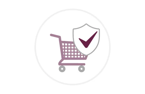 Icon: stilisierte Darstellung eines Einkaufswagens mit einem Sicherheitsschild daneben. Symbol für Sicherheit beim Einkaufen