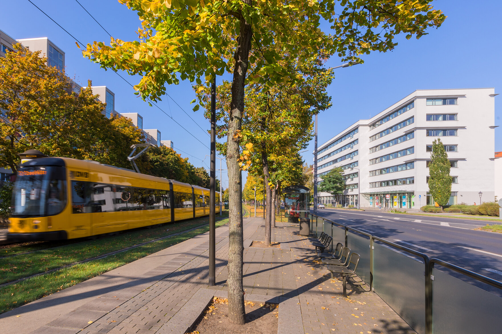 Blick von der Haltestelle Carolplatz auf das Gebäude des Staatsministeriums für Soziales und Verbraucherschutz