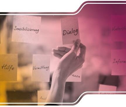 Titel des Faltblattes »Prävention«. Eine Hand klebt ein Post-It an eine Scheibe. Daruaf steht das Wort »Dialog«. Auf weiteren Post-Its stehen die Worte »Sensibilisierung, Vermittlung, Hilfe, Vertrauen, Unterstützung, Fortbildung und Information«