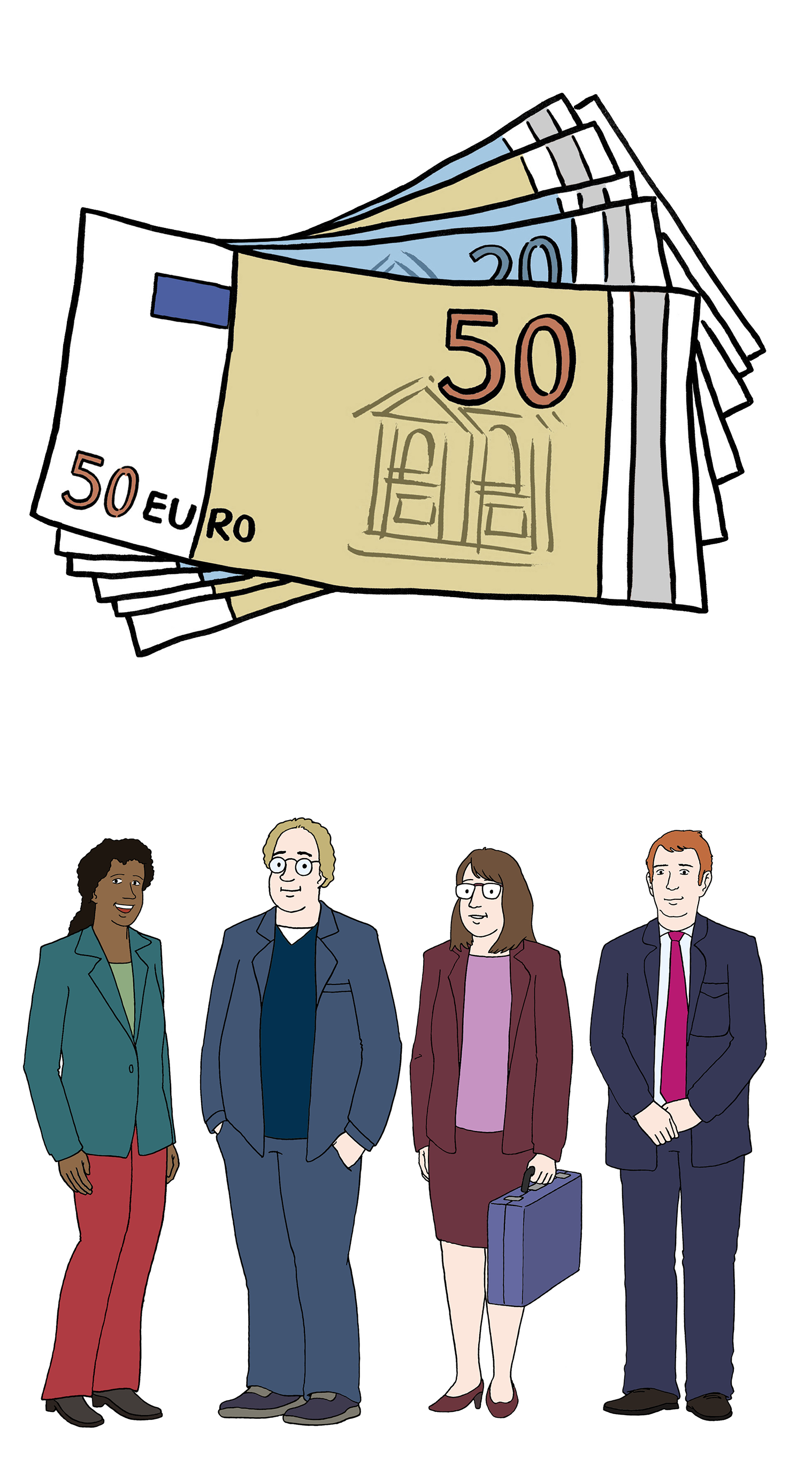 Abbildung von 2 Grafiken: Oben verschiedene Geldscheine. darunter stehen 4 Personen in Businesskleidung nebeneinander