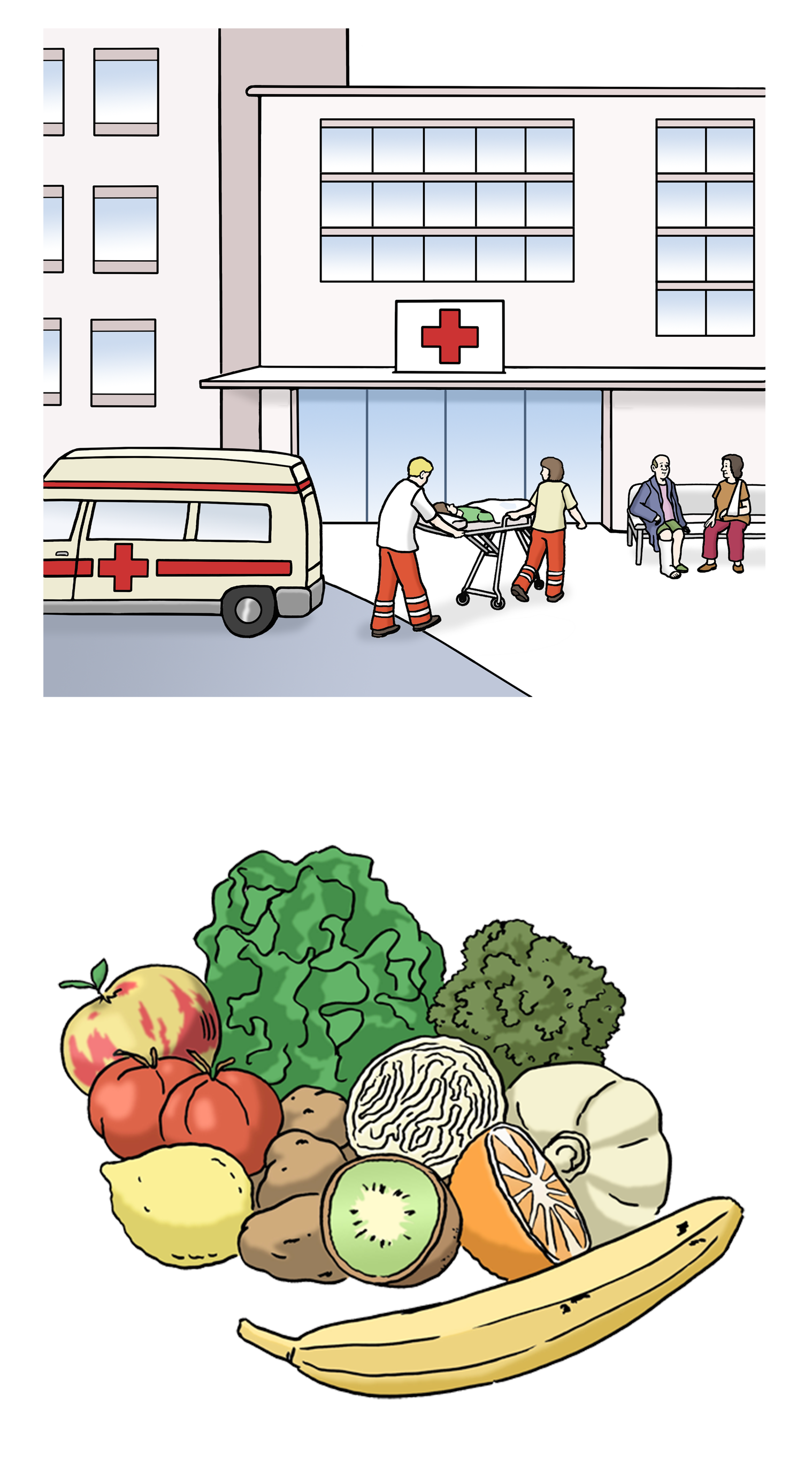 Bild mit 2 Grafiken: Oben die Abbildung eines Krankenhauses. Darunter Grafik von Obst und Gemüse