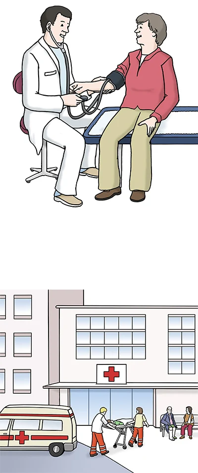 Bild mit 2 Grafiken: Oben ein Arzt behandelt seine Patientin, die auf einer Liege sitzt, unten die Abbildung eines Krankenhauses.