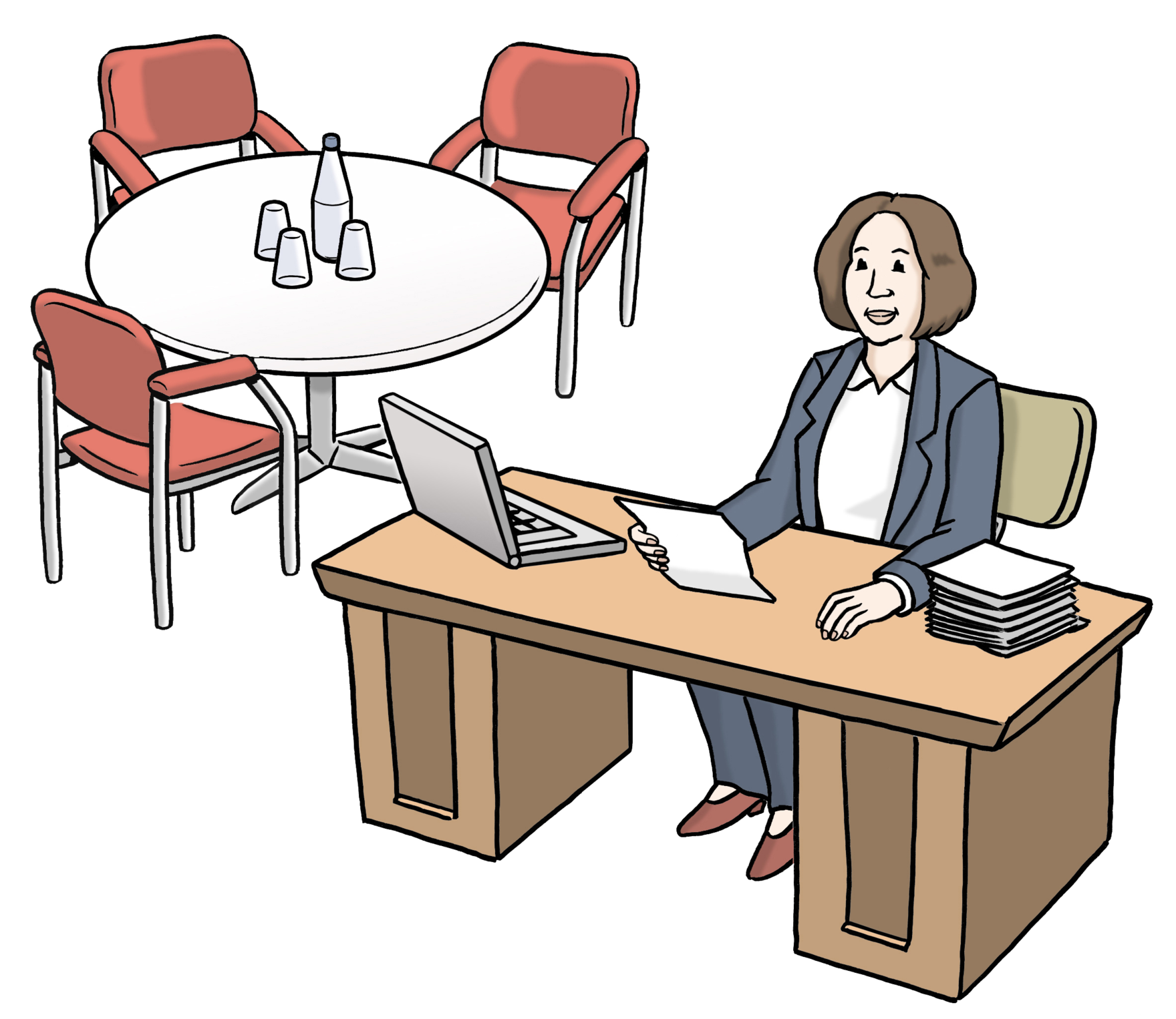 Grafik: Eine Frau sitzt an ihrem Schreibtisch. Neben ihr steht ein Tisch mit 3 Stühlen