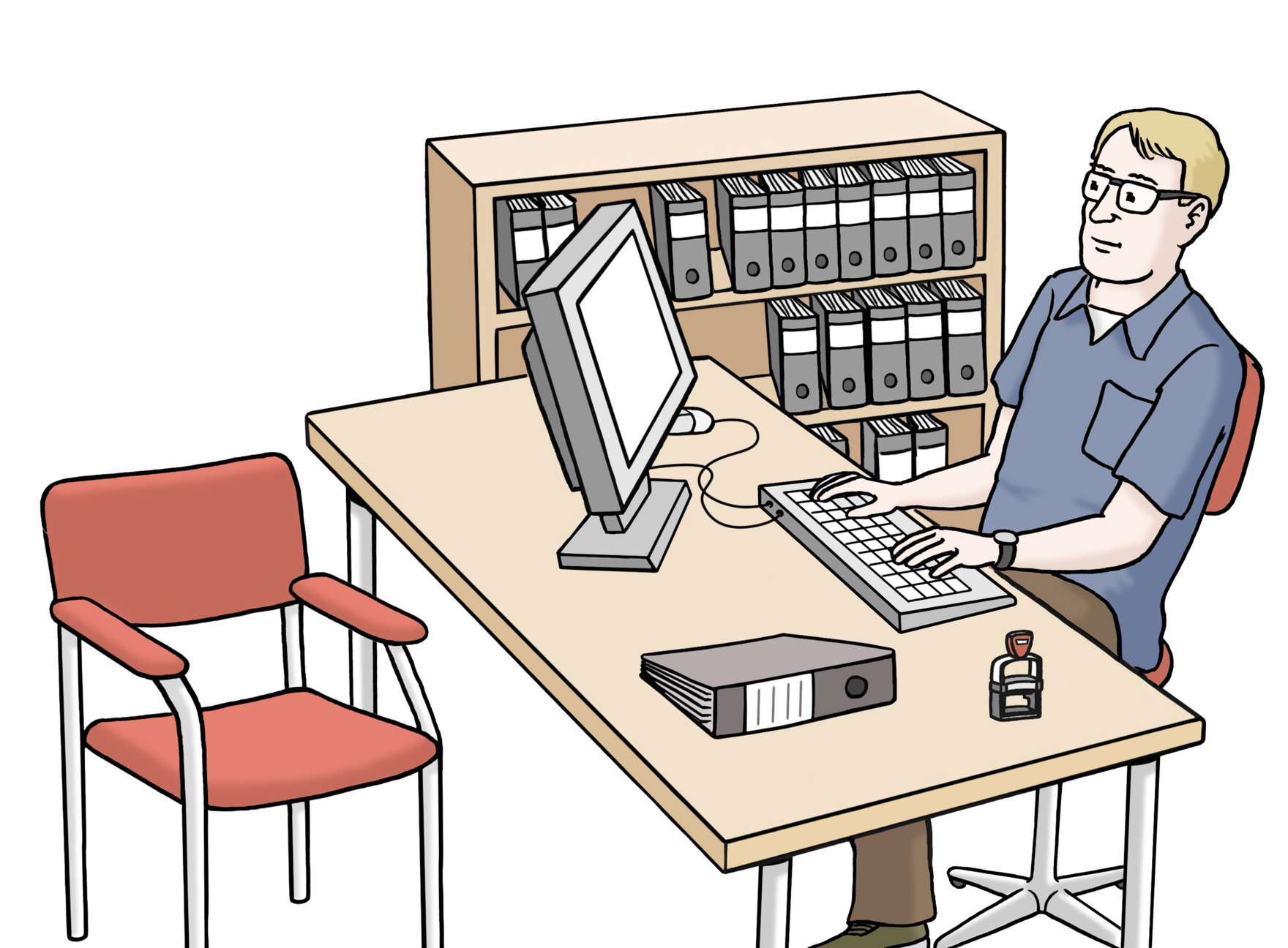 Grafik: Mtarbeiter sitzt am Computer am Schreibtisch. Neben ihm ist ein Schrank mit vielen Aktenordnern.