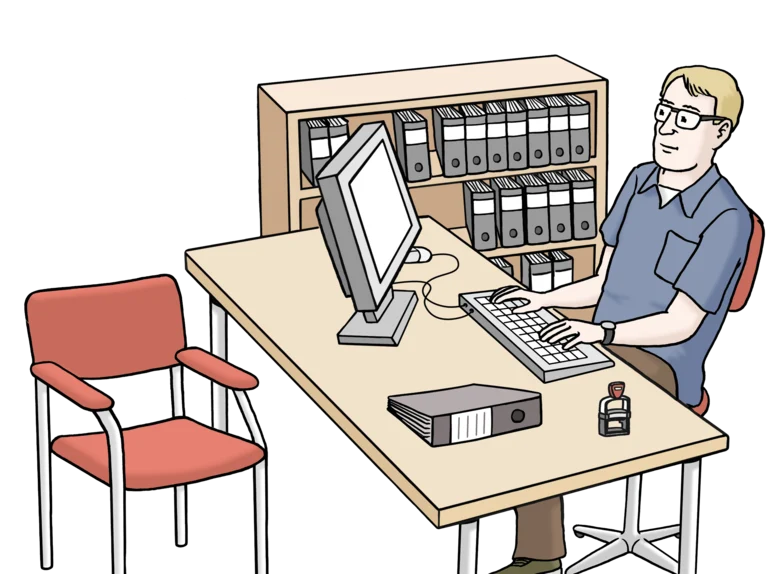 Grafik: Mtarbeiter sitzt am Computer am Schreibtisch. Neben ihm ist ein Schrank mit vielen Aktenordnern.