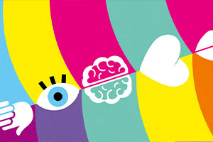 Bunte Grafik mit verschiedenen Ikons: Auge, Hände, Herz, Gehirn